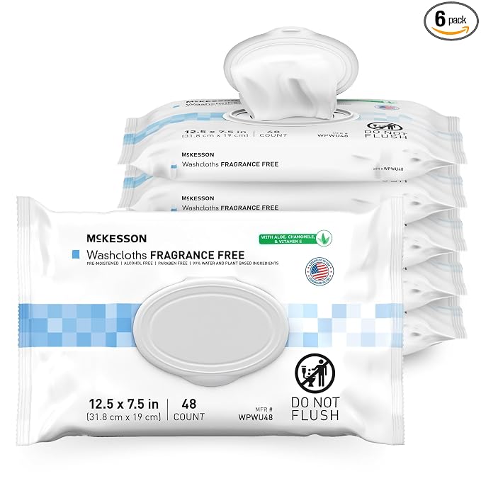 McKesson Washcloth Wipes, Unscented - Disposable Wet Wipes for Adults - Fragrance-Free, Paraben-Free - No-Rinse Formula, 48 Count, 6 Packs, 288 Total