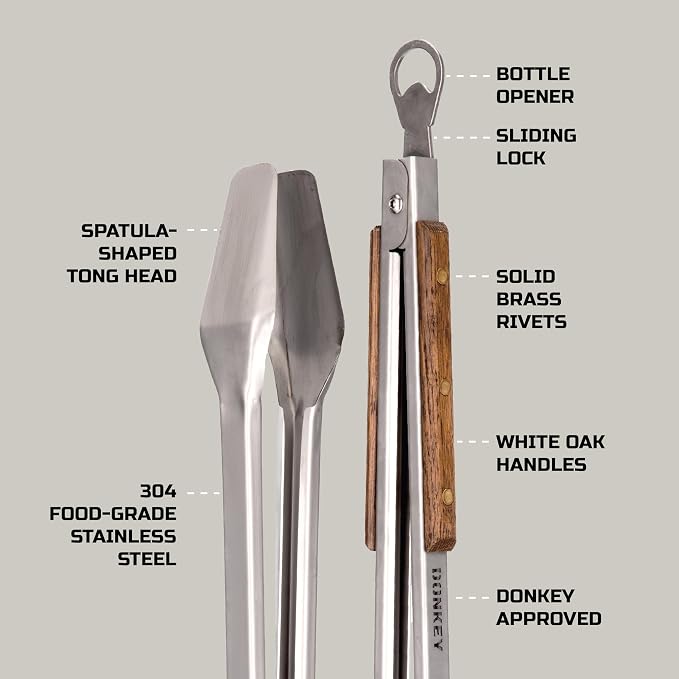 Donkey Tong 27" Heavy Duty BBQ Tongs | Extra Long Grill Tongs with Oak Wood Handle | Handmade Stainless Steel Meat Tongs for Grilling, Smoking, Charcoal & Campfire Cooking | BBQ Gift for Grill Masters