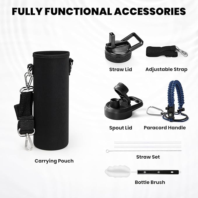RAYMYLO Insulated Water Bottle 24 oz, Triple Wall Vacuum Stainless Steel (Cold for 24Hrs, Hot for 12Hrs), Leak Proof & Non-BPA, Modern Water Flask Jug with Paracord Handle & Straw Spout Lids