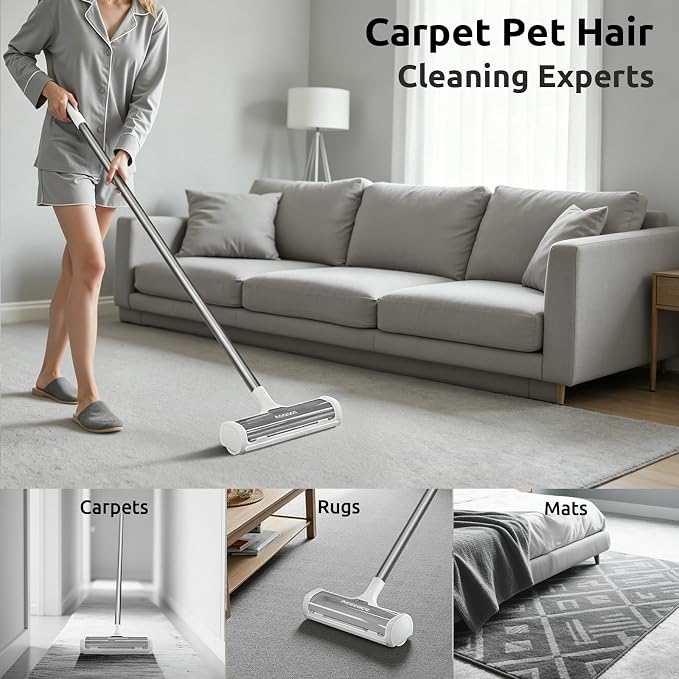 ACE2ACE A3 Pro Carpet Roller for Pet Hair, Carpet Pet Hair Removal Tool | Reusable Large Lint Rollers, 5 Feet Long Handle No Bending No Kneeling, Cat Dog Hair Remover for Carpet, Rugs, Mats, Gray