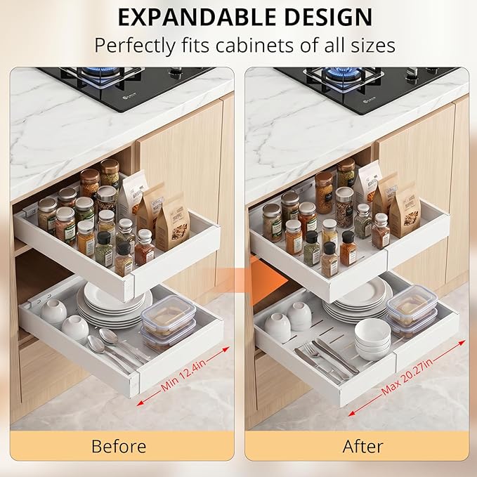 DOMNIU 4 Pack Pull Out Cabinet Organizers Expandable Width (12.4''-20.27''), Upgrade 3 Slide Rails Sliding Drawer for Kitchen Cabinet Organizer with Adhesive Nano Film, White
