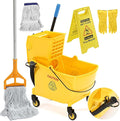 38 Qt Commercial Mop Bucket with Side Press Wringer on Wheels, Including Wet Floor Caution Sign, 1 Heavy Duty Industrial Mop, 1 Mop Head Replacement and a Pair of Gloves