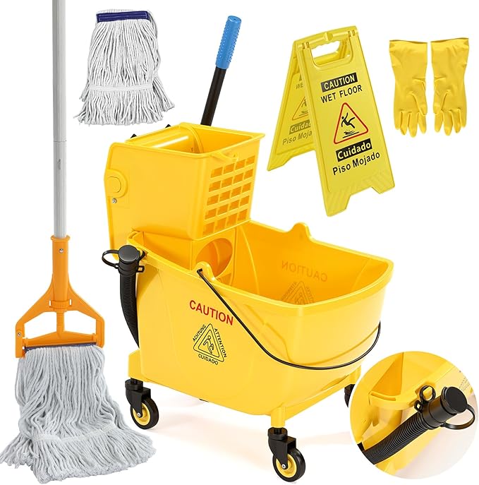 38 Qt Commercial Mop Bucket with Side Press Wringer on Wheels, Including Wet Floor Caution Sign, 1 Heavy Duty Industrial Mop, 1 Mop Head Replacement and a Pair of Gloves