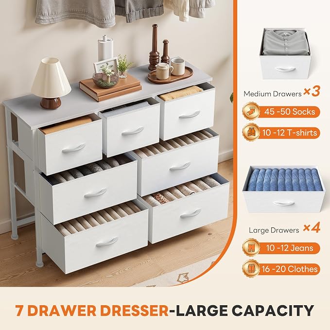 Sweetcrispy 7 Drawer Dresser with Fabric Bins Fabric Storage Tower Organizer for Bedroom Closet Hallway Entryway Tall Chest of Drawers with Steel Frame Wood Top Easy Pull Handles,White