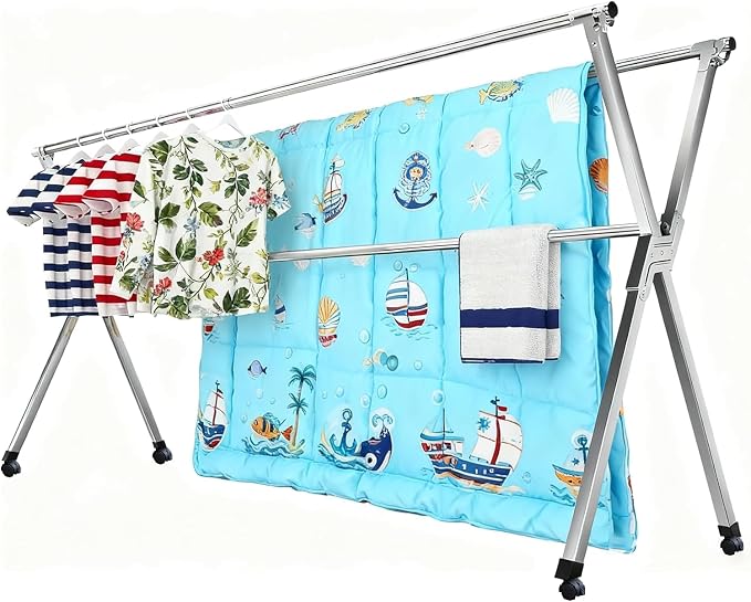 Clothes Drying Rack Folding Indoor Outdoor Rolling Portable Laundry Drying Rack, Heavy Duty Laundry Hanger Dryer Rack with 20 Hooks