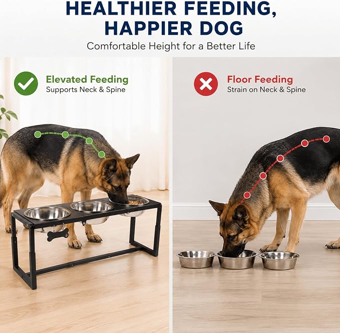 Metal Elevated Dog Bowls, Raised Dog Bowls for Large/Extra-Large Breeds with 3×111oz Stainless Steel Bowls, 3 Adjustable Height Stand for Water & Food, Protect Neck & Joints