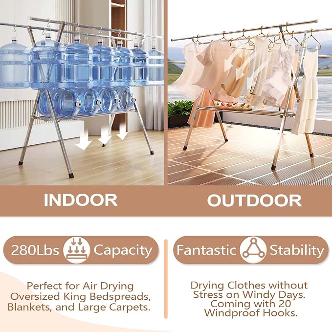 Clothes Drying Rack 2 Tiers, Heavy Duty Drying Rack Clothing Folding Indoor Outdoor, Stainless Steel Laundry Drying Rack, Foldable Garment Rack with 20 Windproof Hooks (84 Inches)