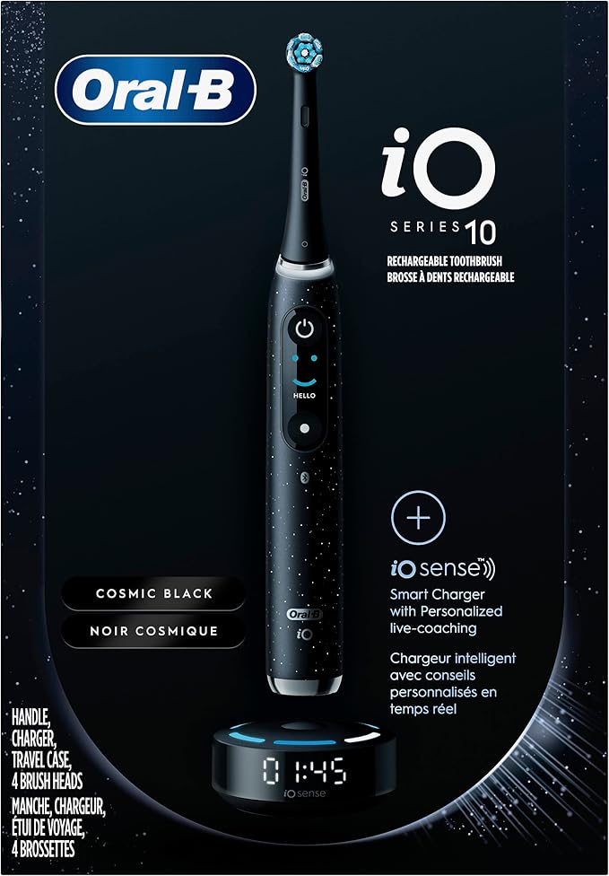 Oral-B Rechargeable Electric Toothbrush, iO10 Ultimate Clean, 7 Cleaning Modes, Interactive Display, iSense Charger, Charging Travel Case, 4 Brush Heads, Rechargeable Toothbrush, Black
