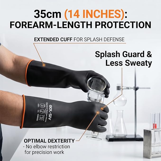 Industrial Chemical Resistant Work Gloves, 14 Inch Heavy Duty Black Latex PPE, Waterproof Acid/Alkali Proof with Non-Slip Grip for Janitorial & Cement Mixing, 2 Pairs