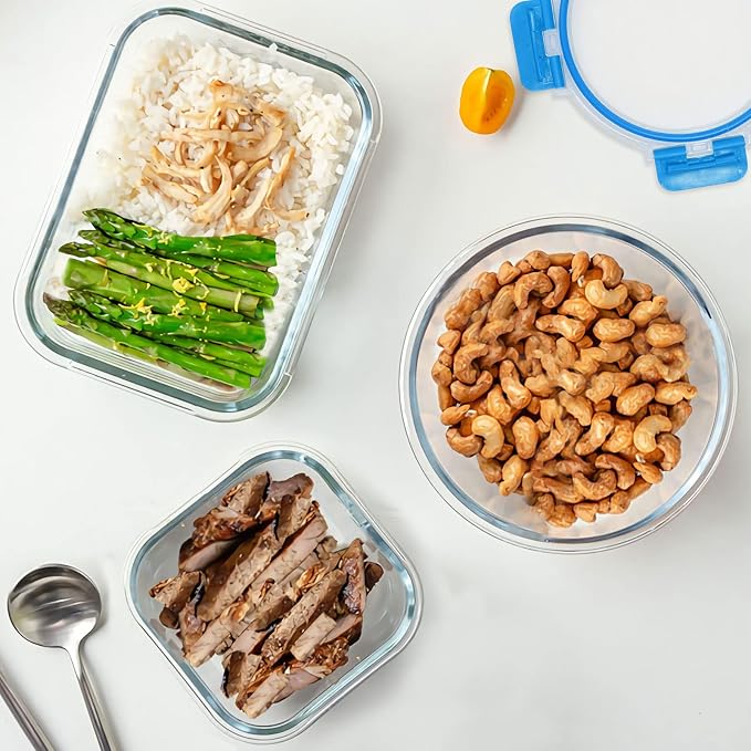 30 Pieces Glass Food Storage Containers Set, Blue | Glass Meal Prep Containers Set, Snap Locking Lids, Airtight Lunch Containers, Microwave, Oven, Freezer & Dishwasher Safe