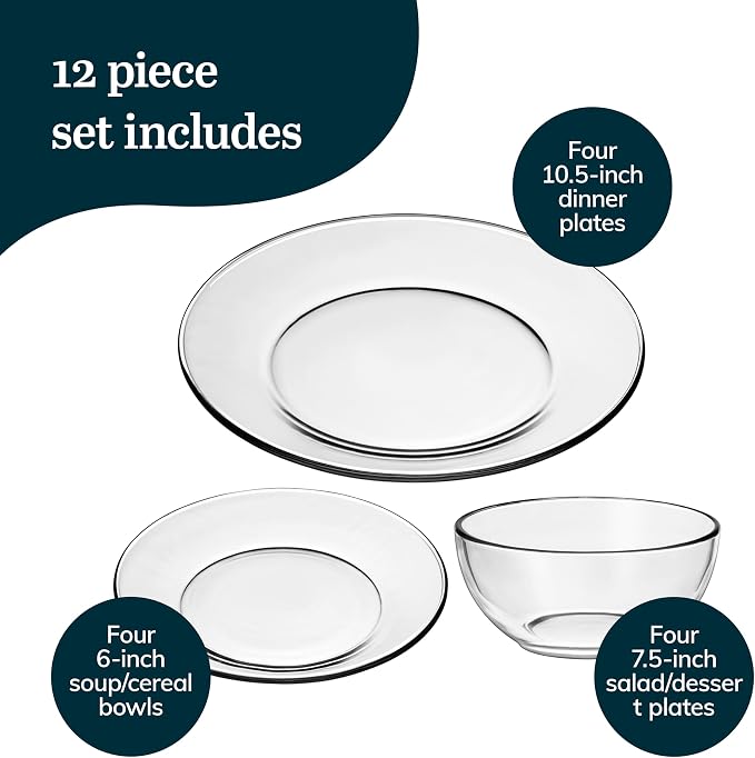 Libbey Round 12 Piece Glass Dinnerware Set, Stackable Glass Plate and Bowl Set w/Round Shape, Modern Plates and Bowls Sets for Gatherings, and Everyday Use