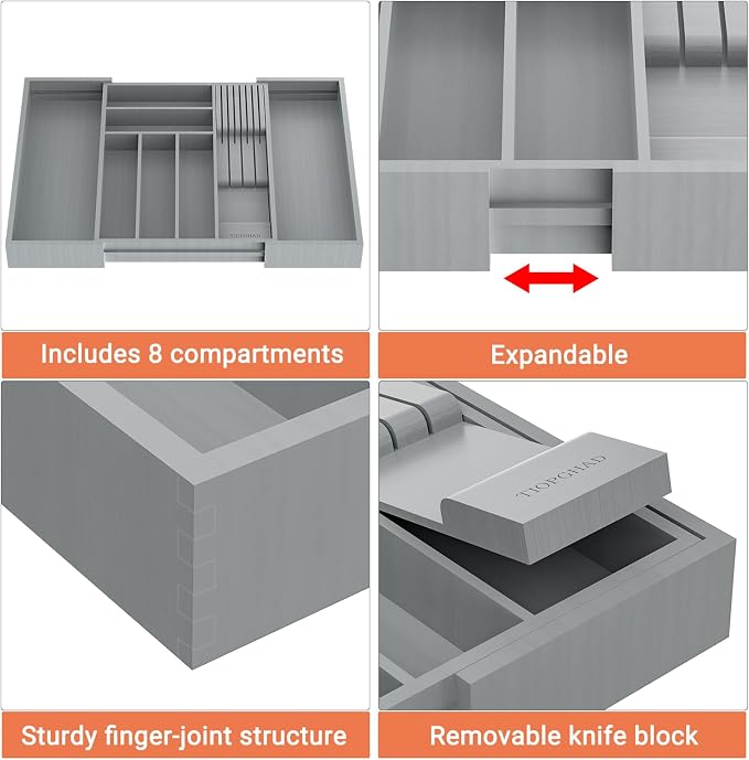 TIOPGHAD Bamboo-Silverware-Drawer-Organizer-Kitchen, Expandable Utensil Holder Cutlery Tray Flatware Organization Adjustable Wood Tableware Dividers Storage (with Removable Knife Block)(Grey)
