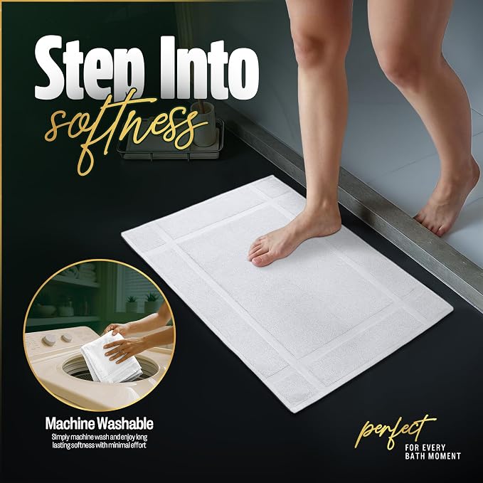 Pearl Linens Pack of 12 100% Cotton Bath Mat 18x25 inches, Soft & Absorbent Quick Dry Bathroom Mat Set, Not Bathroom Rugs, After Shower Mat, Bath Tub Mat, 781 GSM, Machine Washable, White