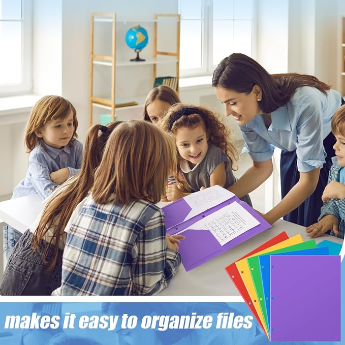 Yeaqee 50 Pcs Plastic Folders with Pockets Bulk 3 Hole Punched 2 Pocket File Folders for 3 Ring Binder Divider Folder for Notebooks, Durable Poly for Office Home (Multicolor)