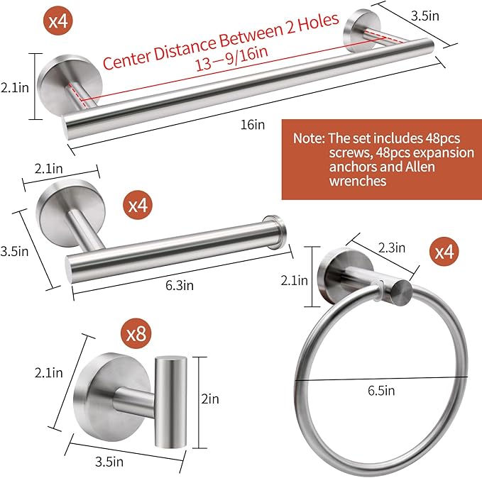 20pcs Bathroom Hardware Set, Brushed Nickel Bathroom Hardware Set, Including 16" Hand Towel Bars, Toilet Paper Holders, Towel Rings, Robe Towel Hooks