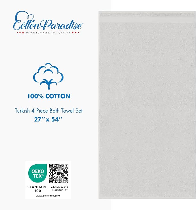 Cotton Paradise 100% Cotton Turkish Towel Set, Soft Absorbent Quick Dry, 4 Piece Bath Towel Set, Silver Grey