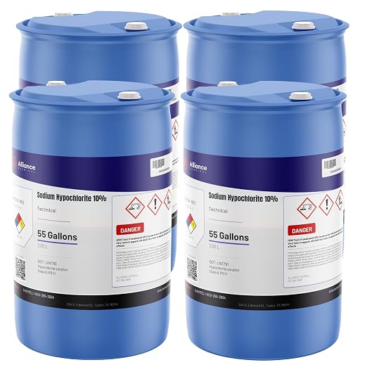 Alliance Chemical - Sodium Hypochlorite 10% - 4 x 55 Gallon Drums - Water Treatment, Pool Treatment, Bleaching (NaOCl) | CAS 7681-52-9