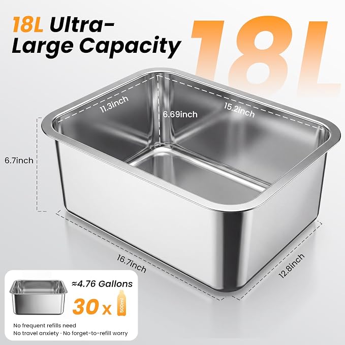 18L (4.7Gal) Extra Large (17.9x14x14.7) Elevated Dog Water Bowl, Height Adjustable Raised Stand for Large & XL Dogs, Stainless Steel No-Spill Bowl with Replaceable Filter for Multi Dog, No Pump