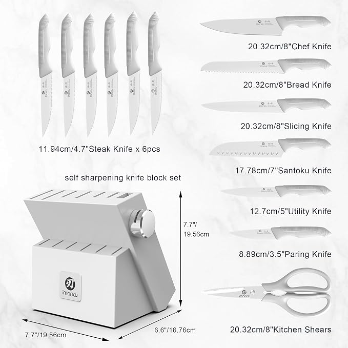 imarku 14-Piece Kitchen Knife Set, Gray Gyutou Knife Sets with Block and Build-in Sharpener, Ultra-Sharp Steak Knives Set of 6, Ergonomic Handle, Dishwasher Safe, New Apartment Essentials