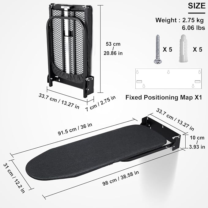 Duwee 12"×36" Wall Mounted Ironing Board with Heat Resistant Cover | Folding Ironing Board Cabinet,Compact Wall Mount Fold Down Iron Board for Small Spaces