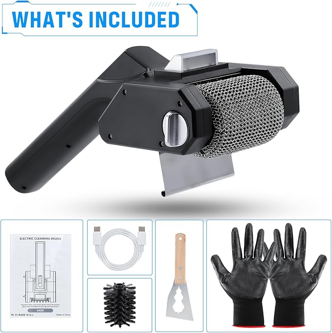 Electric Grill Brush, 350 RPM BBQ Grill Cleaner with 2 Replace Cleaning Heads, 2600mAh Battery Cordless Griddle Scrubber Waterproof for Outdoor Flat Top, Cast Iron, Barbecue Grates, Black