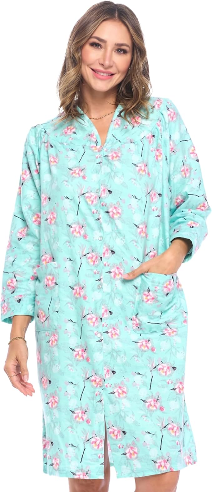 Casual Nights Women's Floral Snap Front Flannel Duster Long Sleeve Lounger Dress