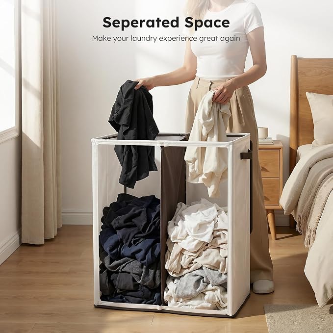 SOLEDI Luxury Double Laundry Hamper with Lid and Removable Bags, 38.3 Gal Large Laundry Bin, Laundry Basket 2 Sections, Collapsible Clothes Hamper for Bedroom, Laundry Room, Bathroom, Off-white