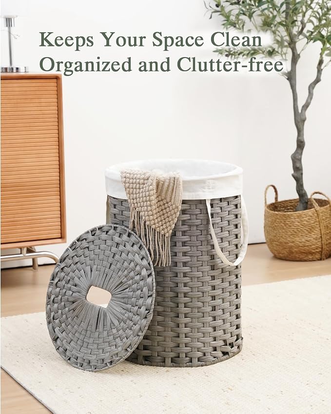 SETVSON Laundry Basket with Lid 23.8 Gal Round Laundry Hamper Grey | The lid hides dirty clothes, keeping spaces neat and fresh. 90 L Large Capacity, Stylish Design with Handles Easy Transport