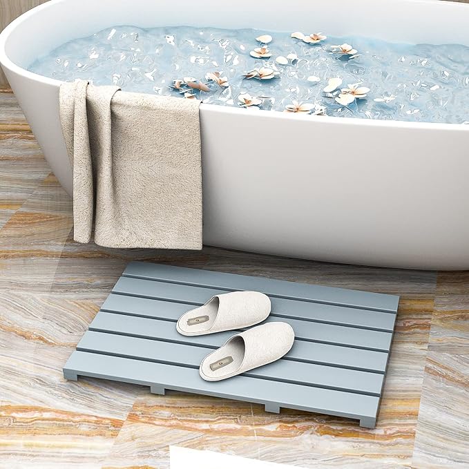 Bamboo Wooden Bath Floor Mat for Luxury Shower - Non-Slip Bathroom Waterproof Carpet for Indoor or Outdoor Use (Bluish Grey)