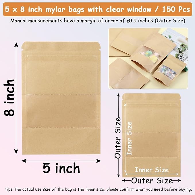 150 Kraft Mylar Bags for Food Storage 5X8 Mylar Bags with Window Candy Packaging Resealable Bags Reclosable Small Stand Up Pouches Edible Packaging, Kraft Paper Bags for Small Business
