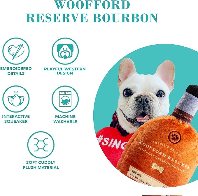 Haute Diggity Dog Woofford Reserve Bourbon Bottle Parody Plush Dog Toy for Medium & Large Dogs, Funny Drink-Inspired Stuffed Dog Toys with Interactive Squeaker, Machine-Washable, Durable & Safe