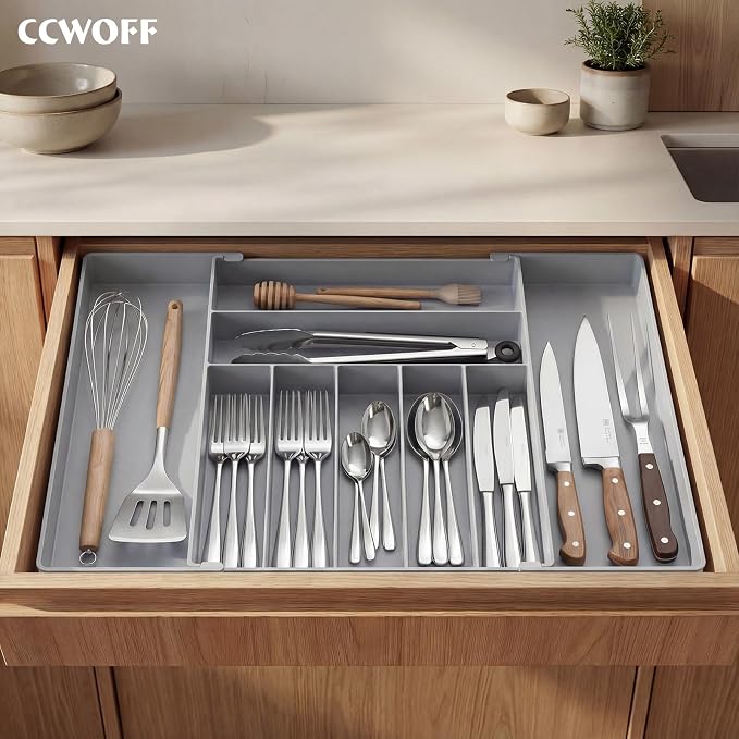 Heavy Duty Stainless Steel Frame Silverware Organizer with Plastic Body, Extra Large Silverware Drawer Organizer, 9 Slot Expandable Kitchen Drawer Organizer, 8 Non-Slip Feet Included, BPA Free, Gray