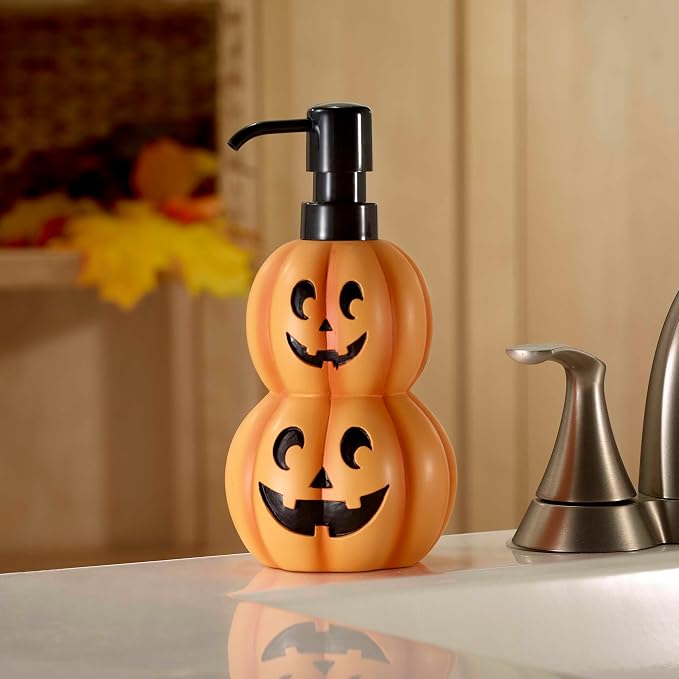 Avanti Linens – Soap Dispenser, Decorative Lotion Pump for Bathroom or Kitchen Countertop, Hand Painted Resin Halloween Decor (Stacked Pumpkins)