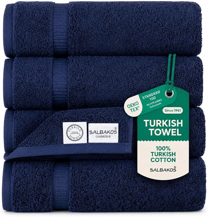 SALBAKOS 4-Piece 100% Turkish Cotton Bath Towels, 27x54 inch, Navy | Standard Size, 630 Gsm Thick Super Soft Highly Absorbent Quick-Dry Bathroom Towel, Premium Hotel & Spa Quality Made in Turkey