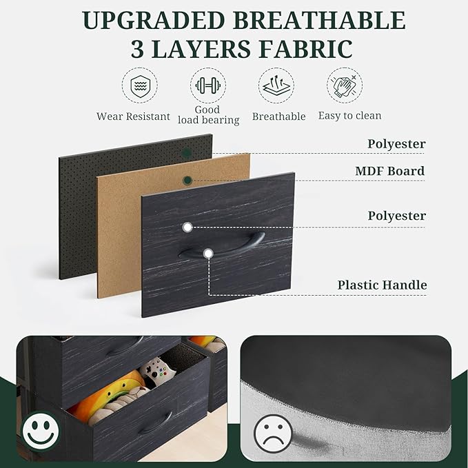9-Drawer Dresser for Bedroom, Anti-Tip Tall Storage Organizer Chest of Drawers with Wooden Top and Metal Frame Fabric Bins for Closet, Living Room, Hallway, Entryway, Charcoal Black