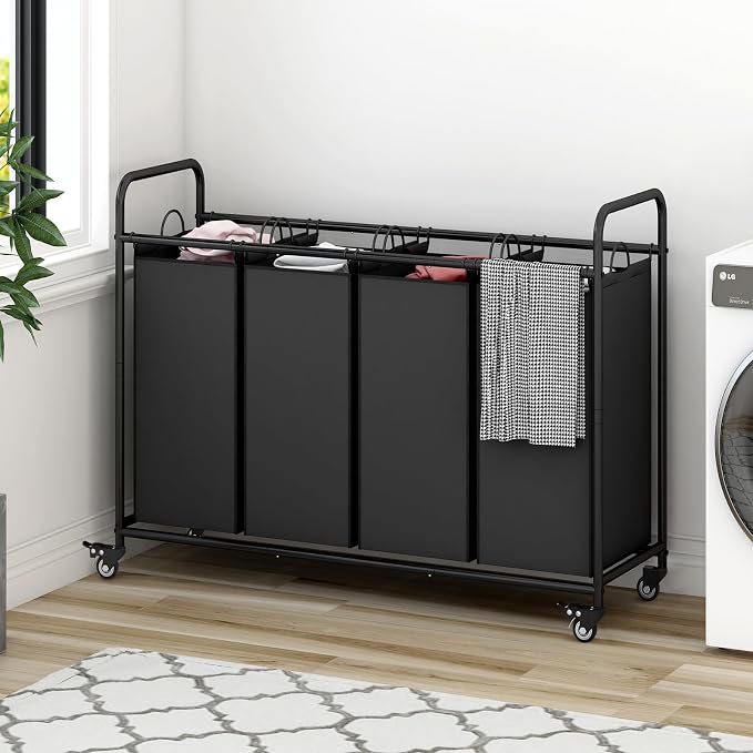 4 Section Laundry Hamper, Black Rolling Laundry Basket, 180L Laundry Sorter | Laundry Room Organization with Heavy Duty Rolling Lockable Wheels and Removable Bag, Bedroom Laundry Cart for Clothes Storage