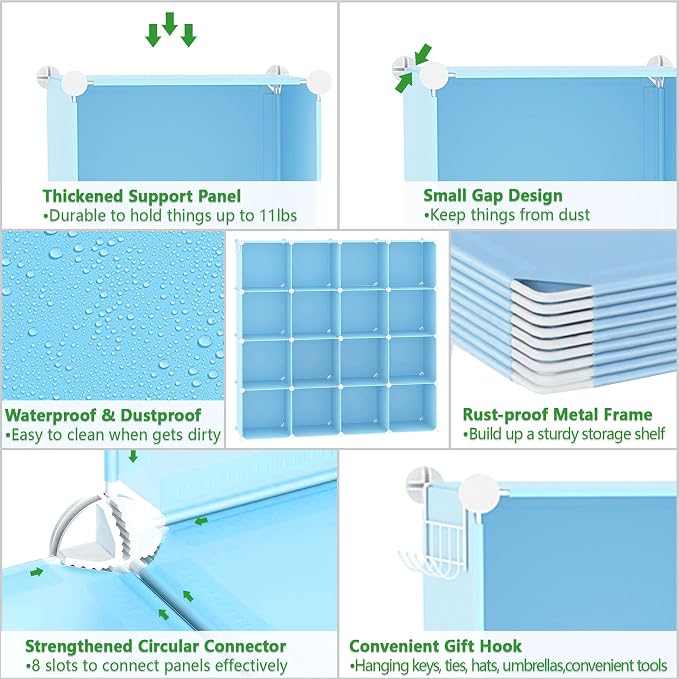 C&AHOME 16 Cube Storage Organizer Cube Shelves Units Storage Cubes, Blue | Plastic DIY Closet Organizer, Stackble Modular Closet Storage Shelves Ideal for Home, Bedroom, 48.4" L × 12.4" W × 48.4" H