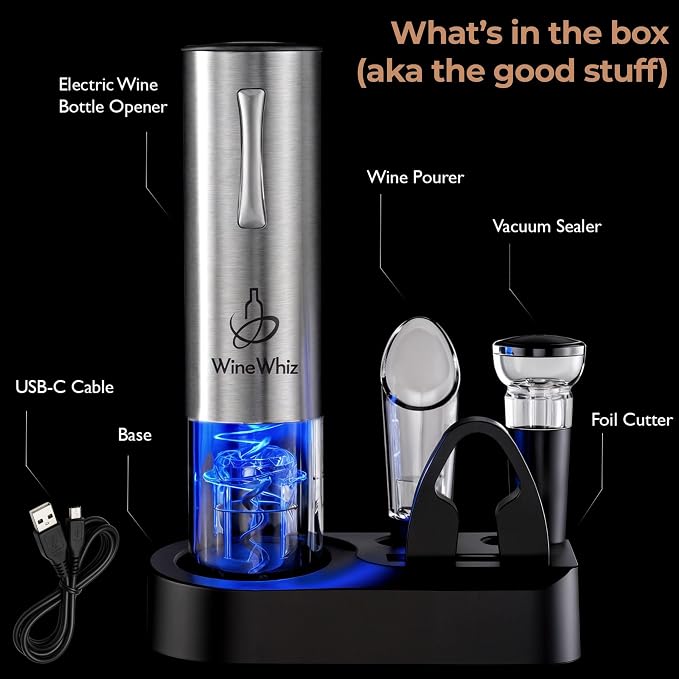 Electric Wine Opener Set with Base and Accessories (Rechargeable Stainless Steel Corkscrew, Dispenser, Foil Cutter Tool, Stopper) | Lovers Gift for Housewarming, Birthday, Registry