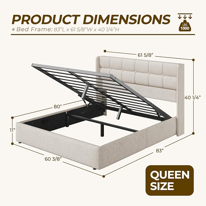HISOFT Queen Size Lift Up Storage Bed Frame, Linen Upholstered Platform Bed with Wingback Headboard, Heavy Duty Hydraulic Gas Lift Underbed Space, Reinforced Full Metal Slats, Noise Free, Beige
