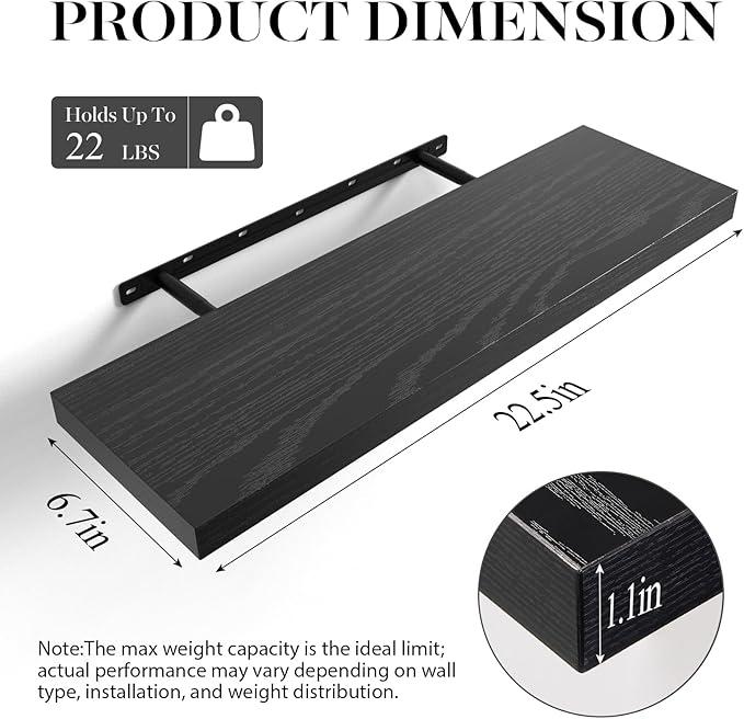 BAYKA Floating Shelves for Wall, Set of 3, 22.5 Inches Wall Mounted Rustic Wood Shelves for Bathroom, Bedroom, Living Room or Kitchen Decor, Storage for Books, Lego, Plants, Daily Necessities, Black