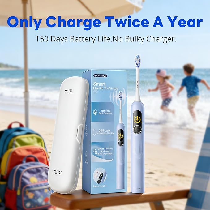 SAKYPRORAL Kids Electric Toothbrush for Boys Teens (6-15Y), Smart Screen with Brushing Score, Soft Bristles, Visual Timer for Braces, 150 Days Battery with Travel Case (Blue)