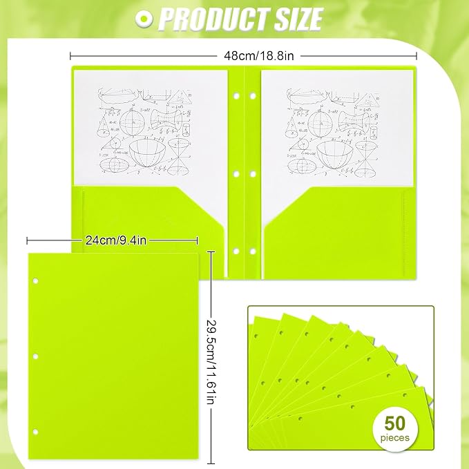 Yeaqee 50 Pcs Plastic Folders with Pockets Bulk 3 Hole Punched 2 Pocket File Folders for 3 Ring Binder Divider Folder for Notebooks, Durable Poly for Office Home (Fluorescent Green)