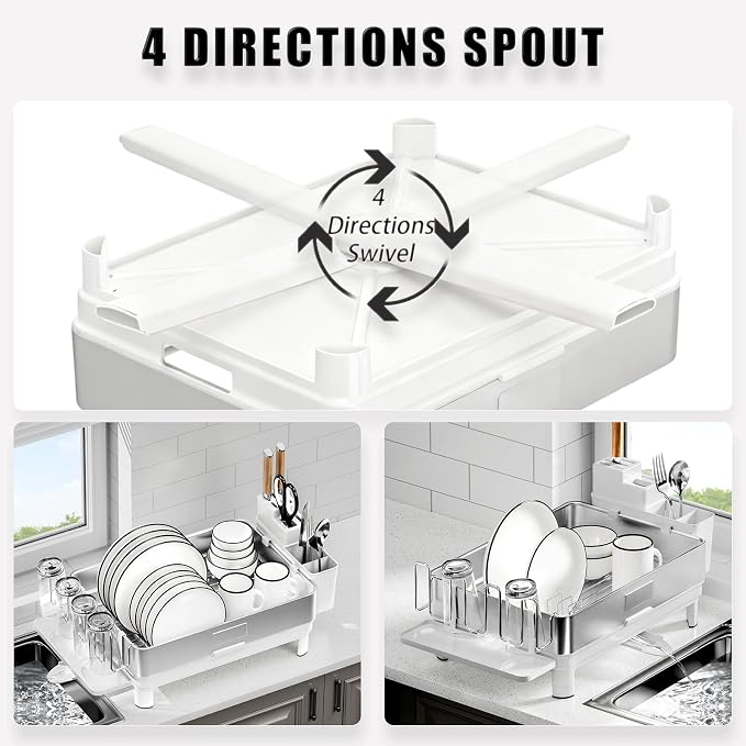 Dish Drying Rack, 304 Stainless Steel Dish Racks for Kitchen Counter | Dish Drainers with Automatic Drainage, Utensil Holder & Cups Holder, Space Saving Kitchen Organizer, White