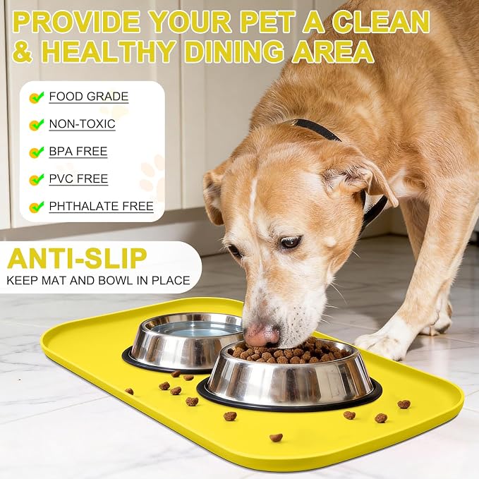 SMILOOL Waterproof Silicone Pet Food Mat with Raised Edge for Dog & Cat | 19" x 12" Non-Slip Pet Feeding Mats with Lip for Food & Water Bowl, Food Grade, Easy Cleaning, Light Yellow