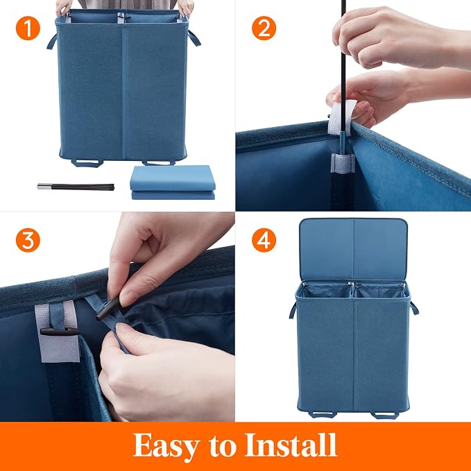 Lifewit Double Laundry Hamper with Lid and Removable Laundry Bags, Large Collapsible 2 Dividers Dirty Clothes Basket with Handles for Bedroom Laundry Room Closet Bathroom College, 136L Blue