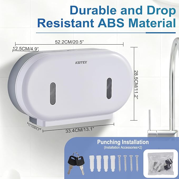 Twin Jumbo Roll Toilet Paper Dispenser, Commercial 9” Double Toilet Paper Holder Wall Mount, Industrial Tissue Dispenser with Key Lock, Tissue Holder with Dual Dispenser for Bathroom