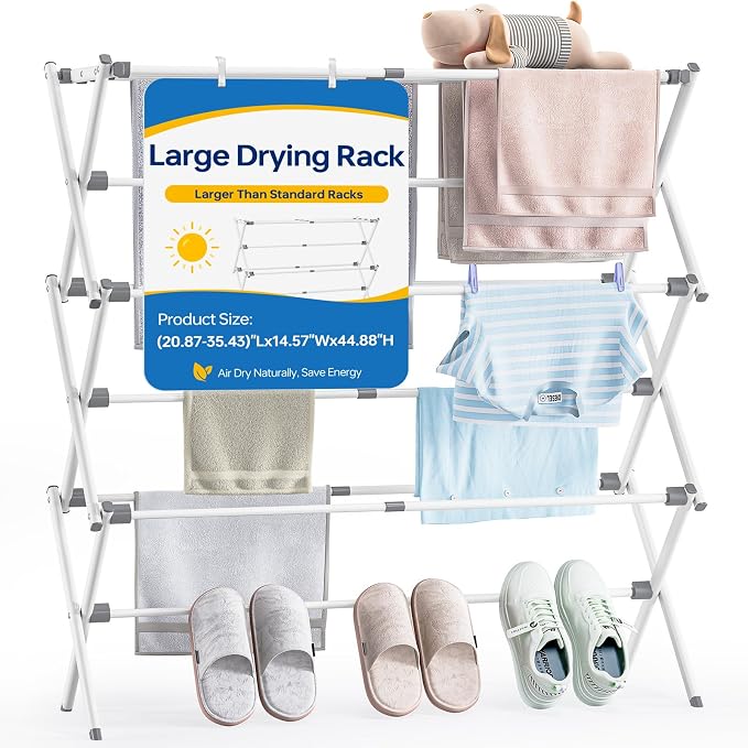 APEXCHASER Extra Large Clothes Drying Rack, Foldable & Extendable Laundry Rack with Adjustable Size (20.87"-35.43" L), Space-Saving, Rust-Resistant Frame for Indoor/Outdoor Use, White