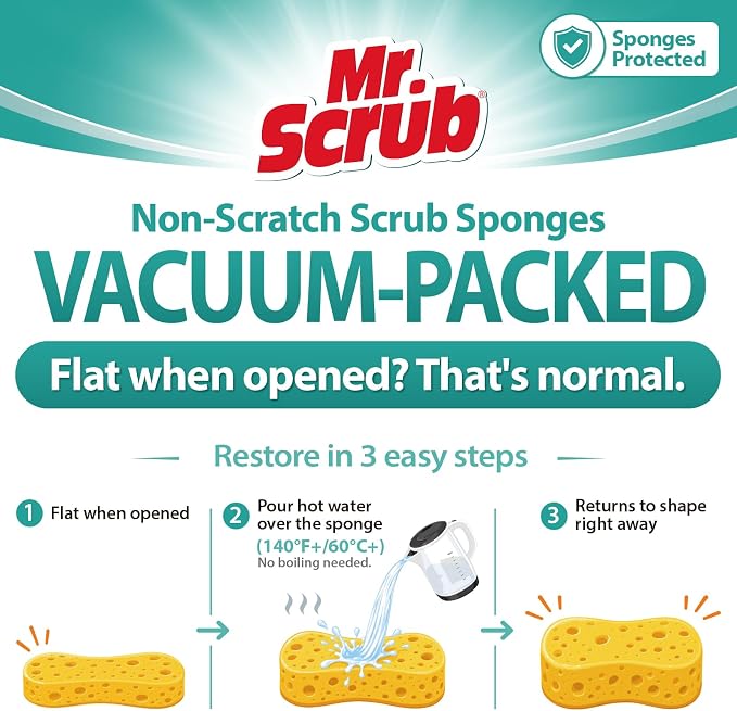 Mr. Scrub All-Purpose Sponges, Non Scratch, for Washing and Cleaning Dishes, Premium Scrub and Scrubbers, 12 Pads, Ideal for Kitchen, Bathroom