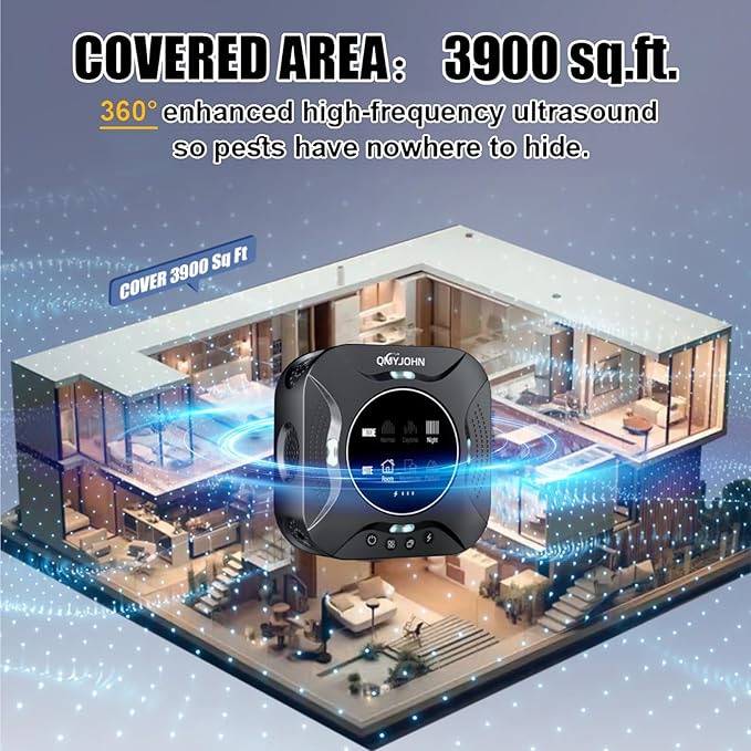 Indoor Ultrasonic Pest Repeller Plug-in,with a Display Screen & LED Strobe Light,Effectively Repels Mice,Squirrels,roaches & Other Rodents Up to 3900 Sq.Ft.Suitable for attics,garages,etc.