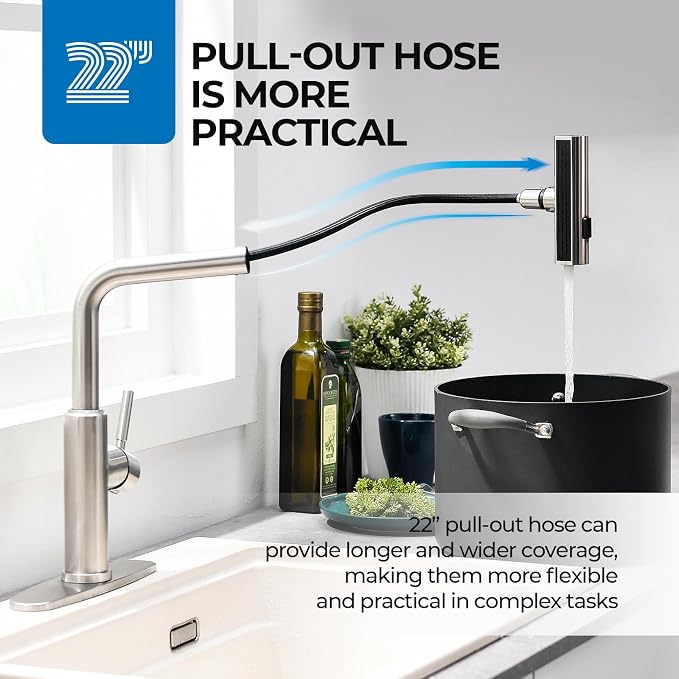 WEWE Waterfall Kitchen Faucet with Pull Down Sprayer, 3 Modes(Sweep/Stream/Waterfall) Rotary Switch Mode Stainless Steel Kitchen Sink Faucet Single Lever Handle Brushed Nickel Sink Fuacet